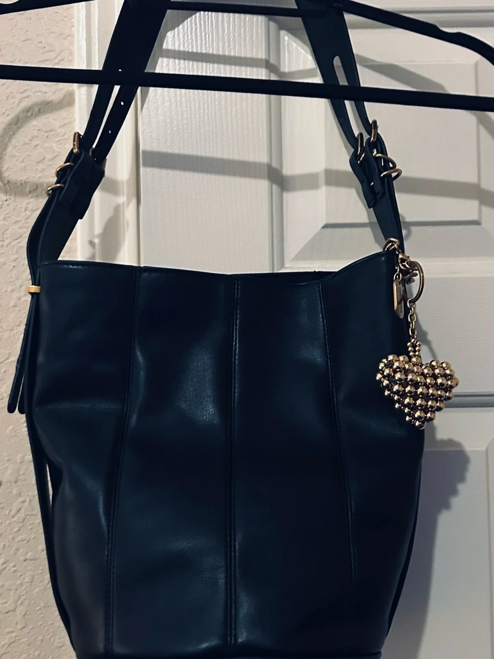 Steve Madden Black Leather Bucket Shoulder Bag with Gold Heart Charm